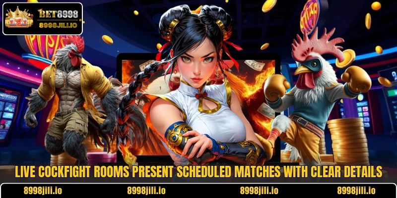 Live cockfight rooms present scheduled matches with clear details