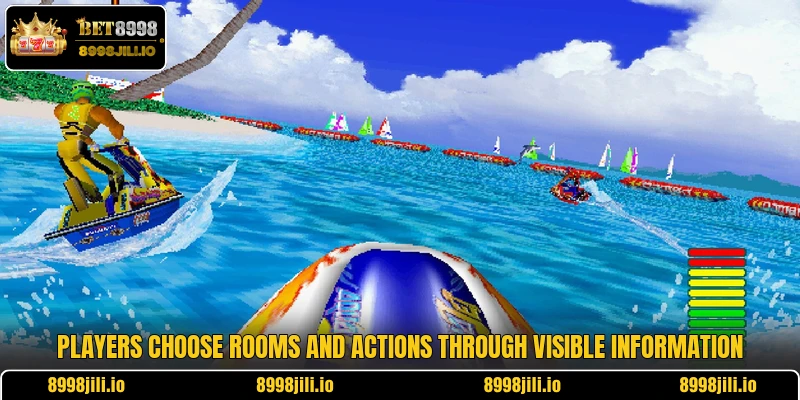 Players choose rooms and actions through visible information