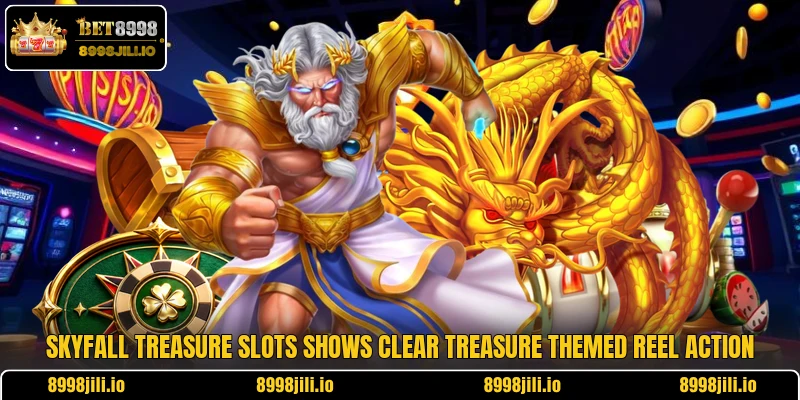 Skyfall Treasure Slots shows clear treasure themed reel action